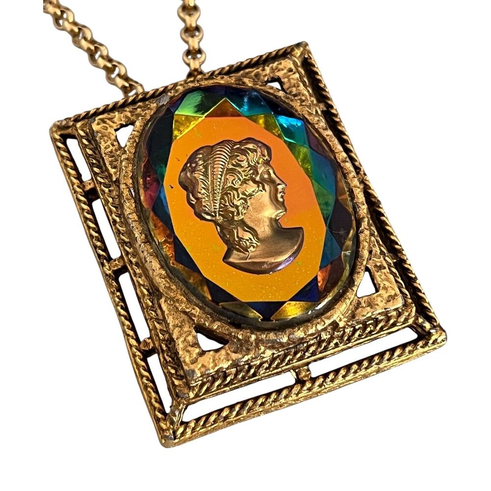 Vintage 1960s Cameo Pendant Necklace Brooch Watermelon Glass - 10S